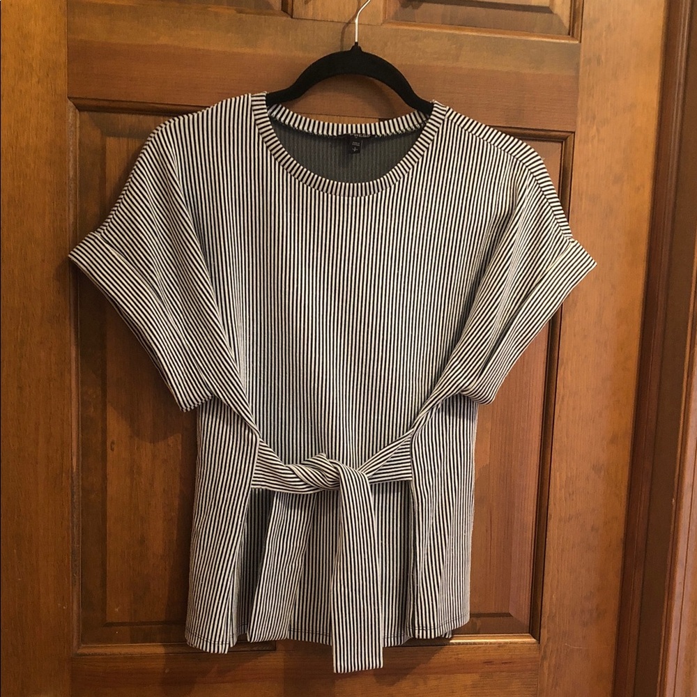 Express Black and White Striped Tie-Waist Blouse